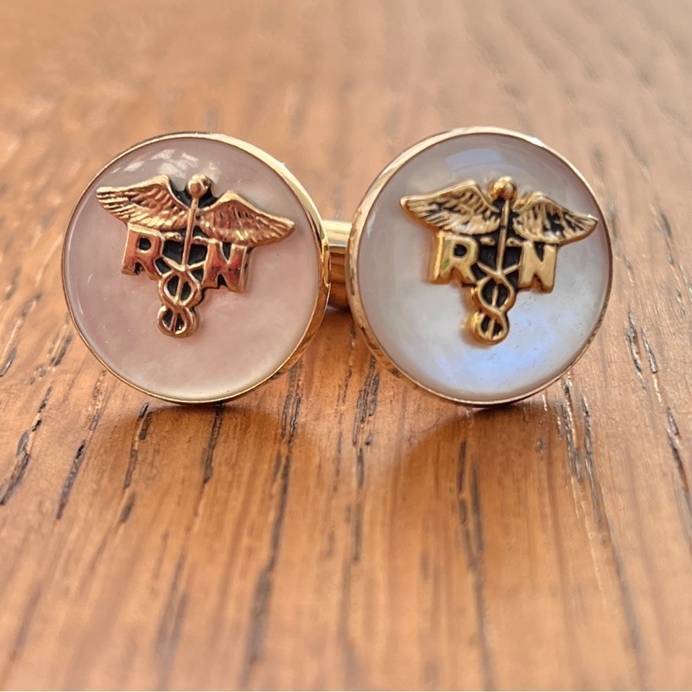 VINTAGE Swank Cufflinks RN Caduceus Nurse Gold Tone Metal Mother of Pearl